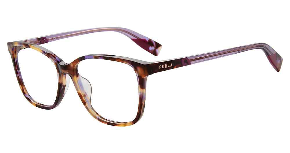Brown:
Furla VFU579V Square Eyeglasses in Brown — women's full rim frame, no visible hinges, prescription-ready
