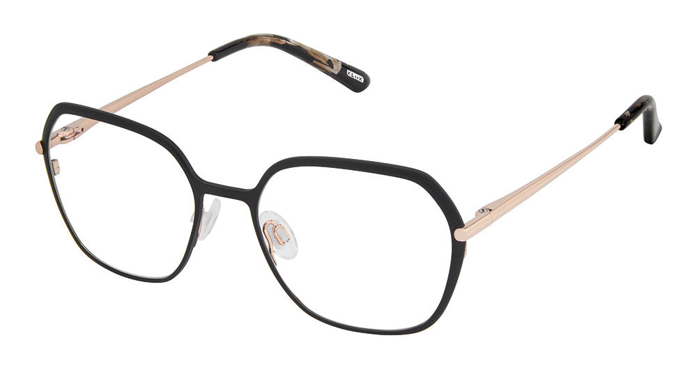 KLIIK Denmark K-792 Geometric Eyeglasses in Black Rose Gold — women's full rim stainless steel frame with spring hinge
