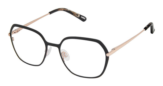 KLIIK Denmark K-792 Geometric Eyeglasses in Black Rose Gold — women's full rim stainless steel frame with spring hinge
