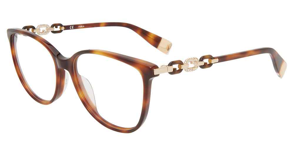 Brown:
Furla VFU541S Butterfly Eyeglasses in Brown — women's full plastic frame, no visible hinges, prescription-ready
