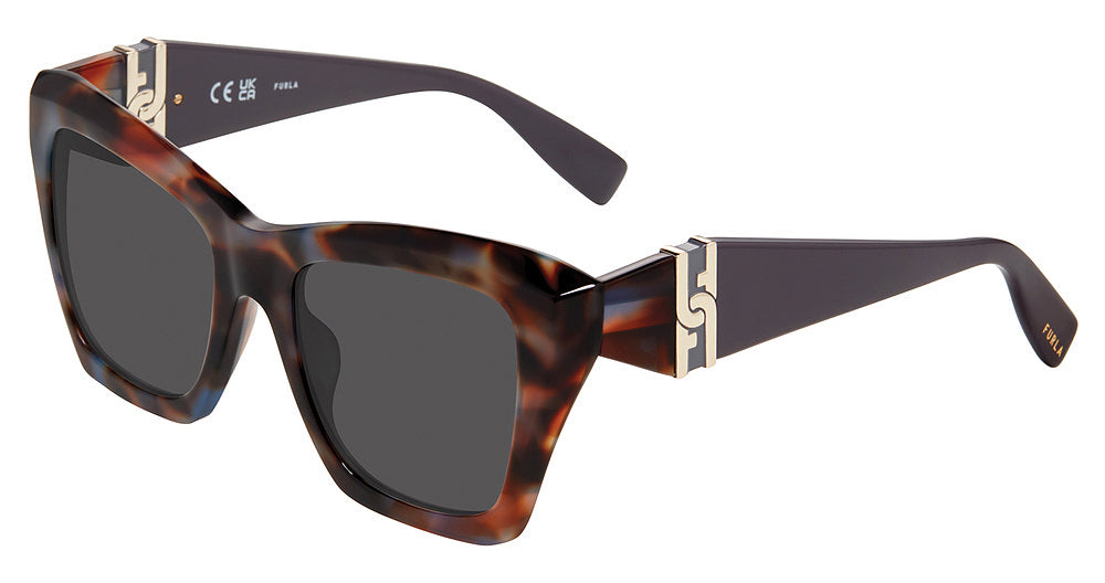Brown Blu Havana:
Furla SFU884 Square Sunglasses in Brown Blu Havana — women's full plastic frame, no visible hinges, prescription-ready
