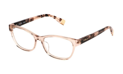 Beige:
Furla VFU670 Square Eyeglasses in Beige — women's full plastic frame, single bridge, no hinges, prescription-ready
