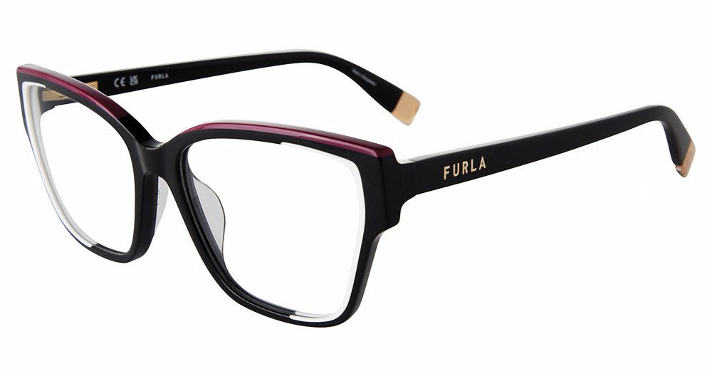 Black:
Furla VFU718 Square Eyeglasses in Black — women's full plastic frame, spring hinges, prescription-ready
