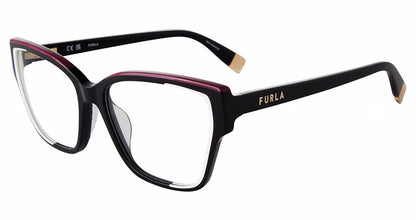 Black:
Furla VFU718 Square Eyeglasses in Black — women's full plastic frame, spring hinges, prescription-ready
