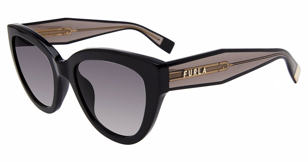 Black:
Furla SFU779 Butterfly Sunglasses in Black — women's full plastic frame, hingeless, CR-39 lenses, prescription-ready
