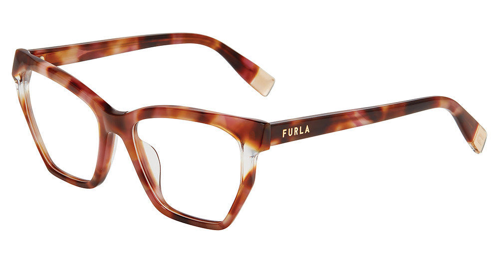 Brown Pink Havana:
Furla VFU868V Geometric Eyeglasses in Brown Pink Havana — women's full plastic frame, no hinges, prescription-ready
