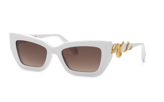 Roberto Cavalli SRC183 women's cat-eye sunglasses in Cream, with brown gradient lenses and gold-tone snake detailing at the temples.

