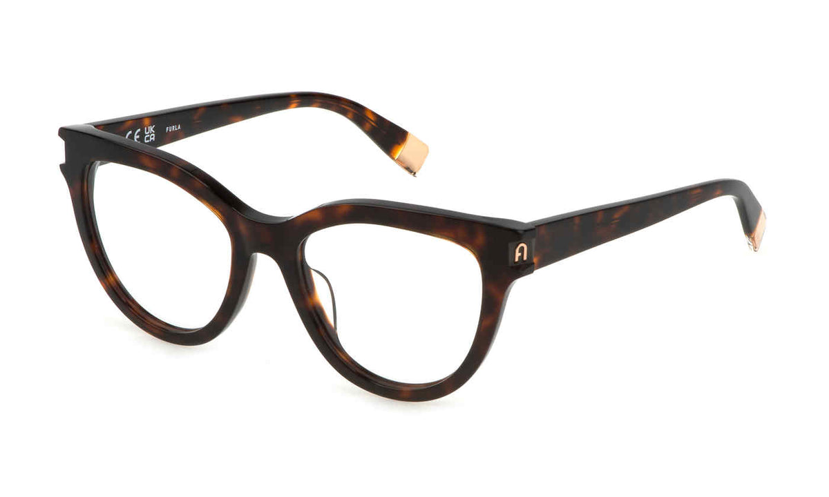 Classic Havana:
Furla VFU679V Butterfly Eyeglasses in Classic Havana — women's full plastic frame, no hinges, prescription-ready
