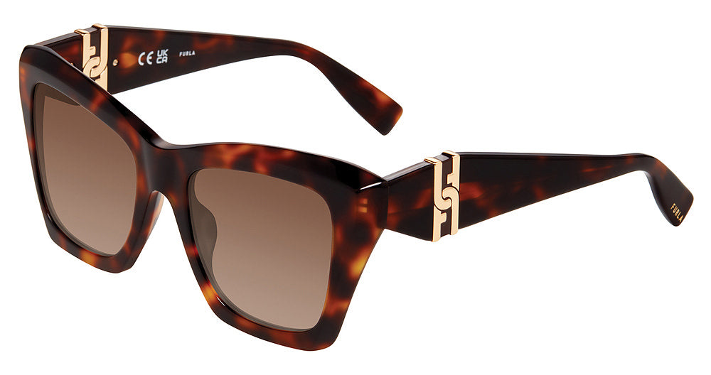 Dark Havana:
Furla SFU884 Square Sunglasses in Dark Havana — women's full plastic frame, no visible hinges, prescription-ready
