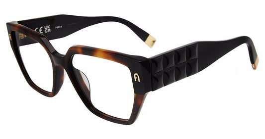 Dark Havana:
Furla VFU775 Square Eyeglasses in Dark Havana — women's full plastic frame, no hinges, prescription-ready
