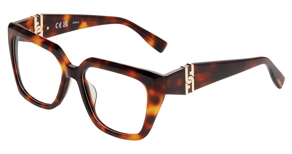 Dark Havana:
Furla VFU866 Square Eyeglasses in Dark Havana — women's full plastic frame, no hinges, prescription-ready
