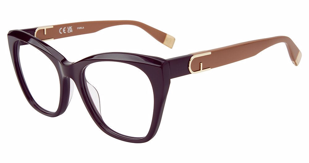 Full Bordeaux:
Furla VFU825V Cat Eye Eyeglasses in Full Bordeaux — women's full plastic frame, no hinges, prescription-ready
