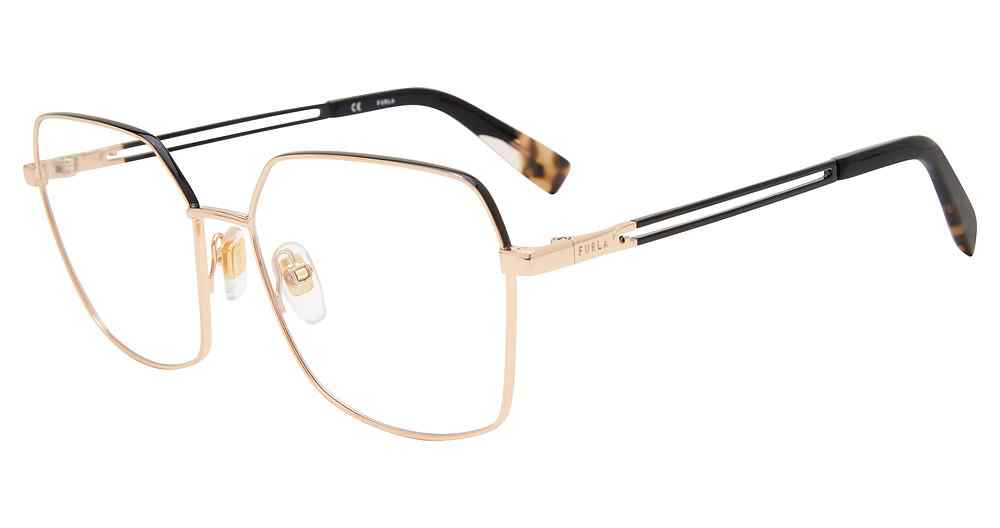 Gold:
Furla VFU506 Square Eyeglasses in Gold — women's full rim frame, single bridge, no visible hinges
