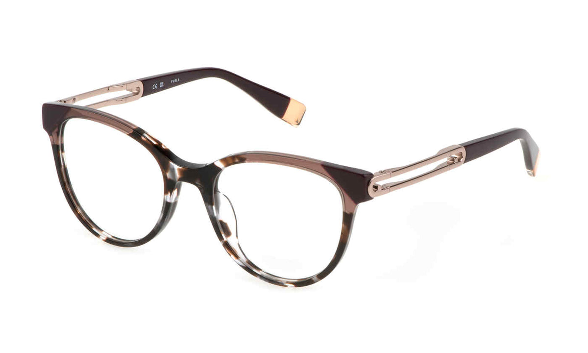 Grey Havana:
Furla VFU672 Pantos Eyeglasses in Grey Havana — women's full plastic frame, no hinges, prescription-ready
