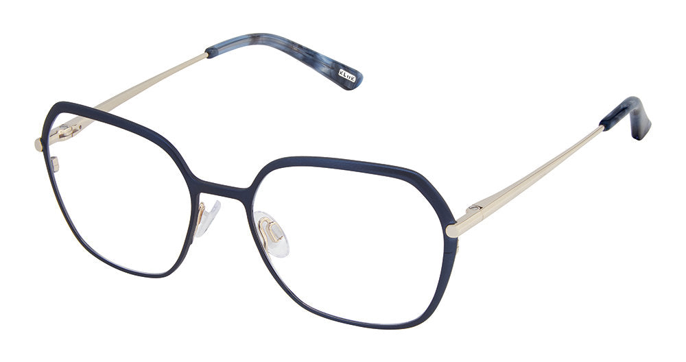 KLIIK Denmark K-792 Geometric Eyeglasses in Navy Gold — women's full rim stainless steel frame with spring hinge
