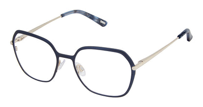 KLIIK Denmark K-792 Geometric Eyeglasses in Navy Gold — women's full rim stainless steel frame with spring hinge
