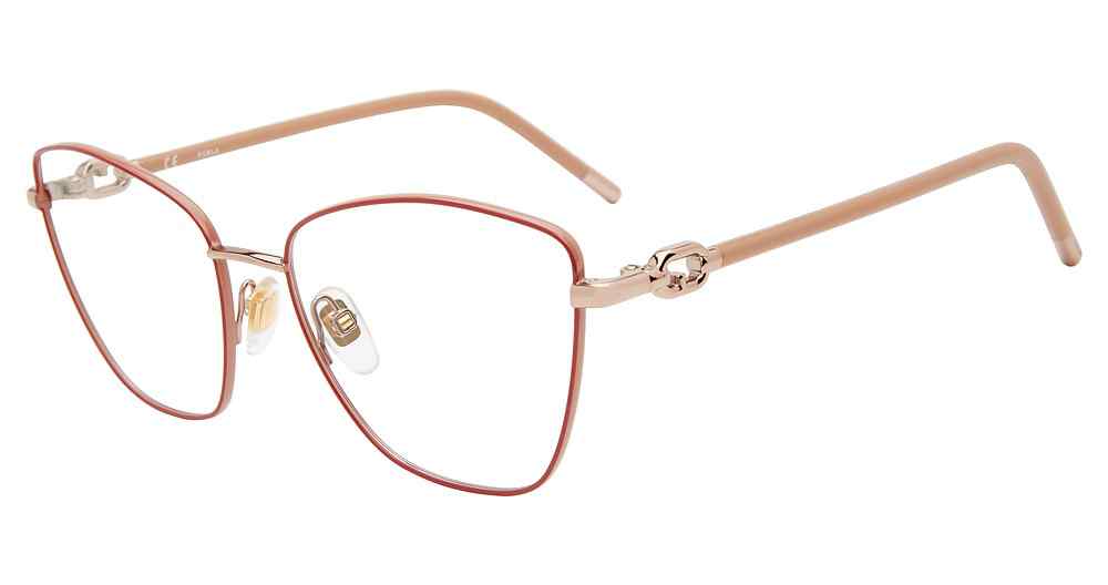 Red:
Furla VFU549 Butterfly Eyeglasses in Red — women's full rim frame, adjustable nose pads, prescription-ready
