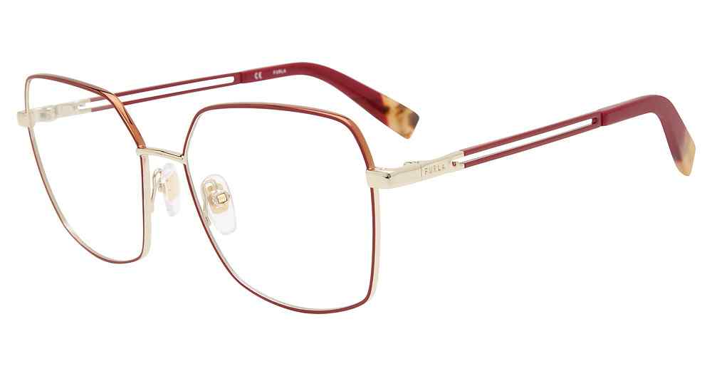 Red:
Furla VFU506 Square Eyeglasses in Red — women's full rim frame, single bridge, no visible hinges
