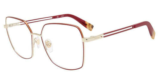 Red:
Furla VFU506 Square Eyeglasses in Red — women's full rim frame, single bridge, no visible hinges

