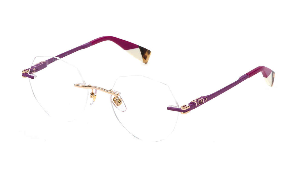 Rose Gold:
Furla VFU774 Geometric Eyeglasses in Rose Gold — women's full metal frame, no hinges, prescription-ready
