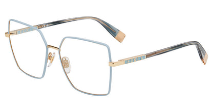 Rose Gold with Blue Parts:
Furla VFU875 Square Eyeglasses in Rose Gold with Blue Parts — women's full metal frame, spring hinges, prescription-ready
