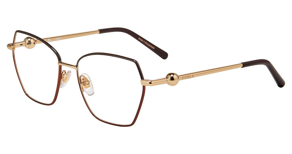 Rose Gold with Brown:
Furla VFU871 Geometric Eyeglasses in Rose Gold with Brown — women's full metal frame, spring hinges, prescription-ready
