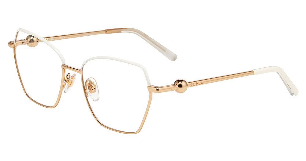 Rose Gold with Ivory:
Furla VFU871 Geometric Eyeglasses in Rose Gold with Ivory — women's full metal frame, spring hinges, prescription-ready
