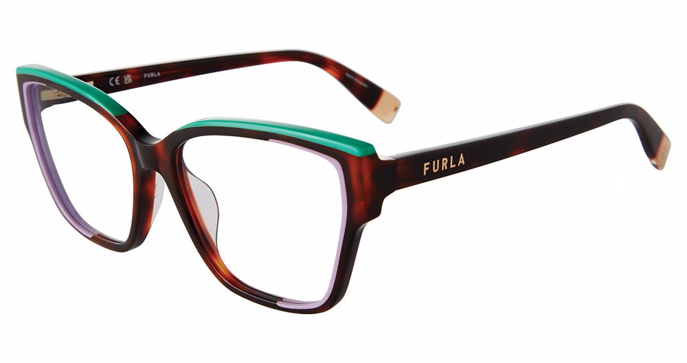 Red Havana:
Furla VFU718 Square Eyeglasses in Red Havana — women's full plastic frame, spring hinges, prescription-ready
