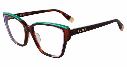Red Havana:
Furla VFU718 Square Eyeglasses in Red Havana — women's full plastic frame, spring hinges, prescription-ready
