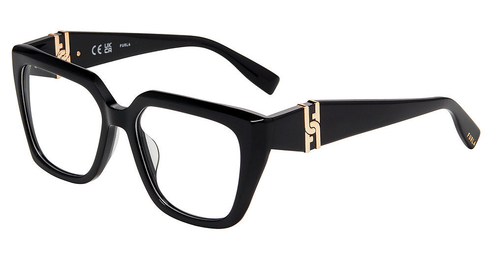 Shiny Black:
Furla VFU866 Square Eyeglasses in Shiny Black — women's full plastic frame, no hinges, prescription-ready
