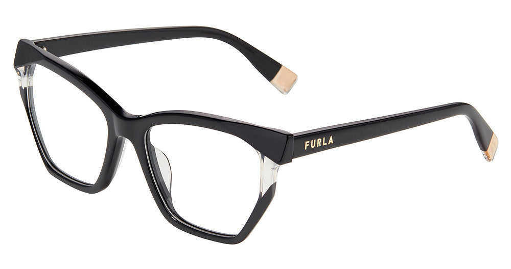 Shiny Black:
Furla VFU868V Geometric Eyeglasses in Shiny Black — women's full plastic frame, no hinges, prescription-ready
