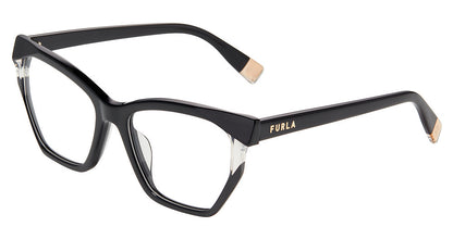 Shiny Black:
Furla VFU868V Geometric Eyeglasses in Shiny Black — women's full plastic frame, no hinges, prescription-ready
