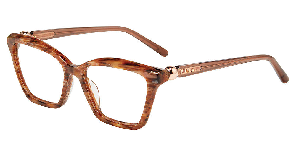 Striped Brown:
Furla VFU876 Square Eyeglasses in Striped Brown — women's full plastic frame, no hinges, prescription-ready
