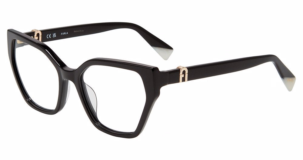 Shiny Black:
Furla VFU761 Square Eyeglasses in Shiny Black — women's full plastic frame, no hinges, prescription-ready
