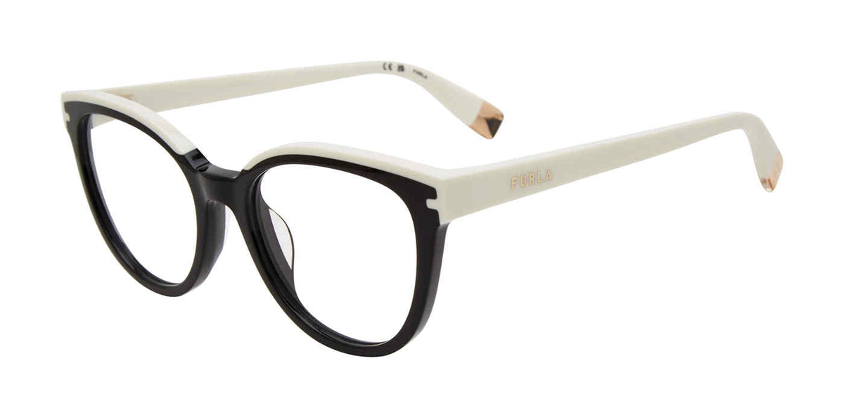 Shiny Black:
Furla VFU681 Butterfly Eyeglasses in Shiny Black — women's full plastic frame, single bridge, no hinges, prescription-ready
