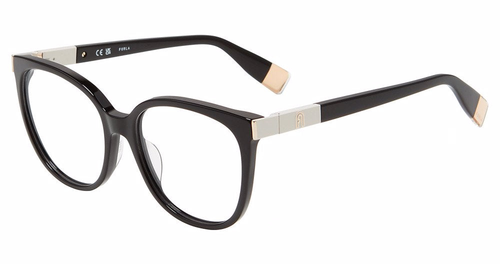 Shiny Black:
Furla VFU720 Butterfly Eyeglasses in Shiny Black — women's full plastic frame, spring hinges, prescription-ready
