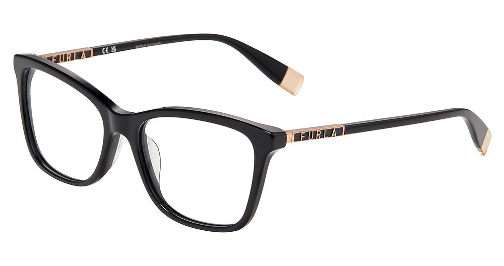 Shiny Black:
Furla VFU874 Square Eyeglasses in Shiny Black — women's full plastic frame, spring hinges, prescription-ready
