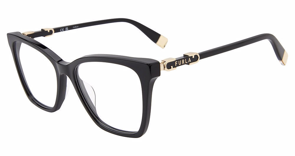 Shiny Black:
Furla VFU833 Square Eyeglasses in Shiny Black — women's full plastic frame, spring hinges, prescription-ready
