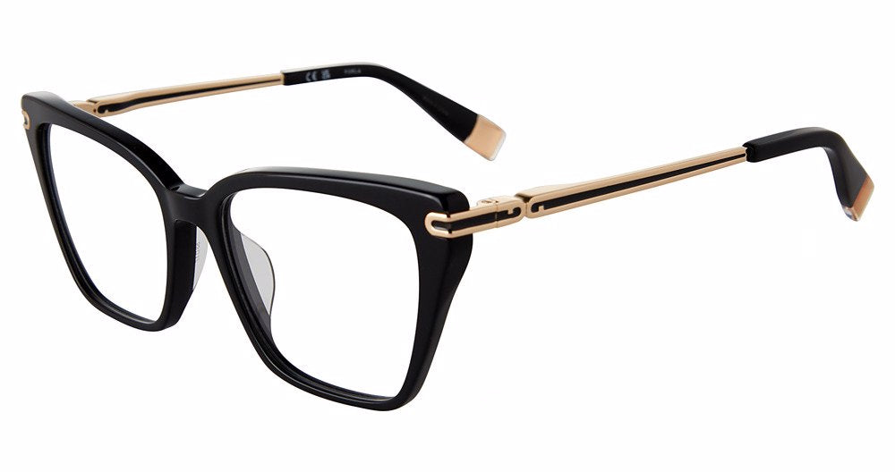 Shiny Black:
Furla VFU724 Square Eyeglasses in Shiny Black — women's full plastic frame, spring hinges, prescription-ready
