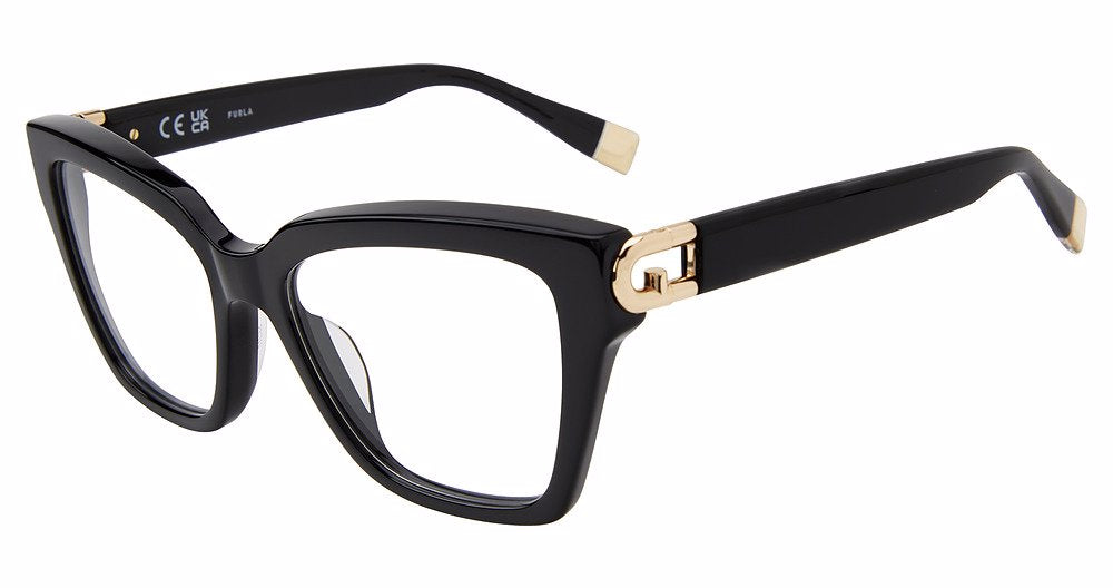 Shiny Black:
Furla VFU826 Square Eyeglasses in Shiny Black — women's full plastic frame, no hinges, prescription-ready
