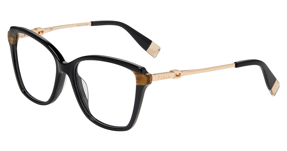 Shiny Black:
Furla VFU830 Square Eyeglasses in Shiny Black — women's full plastic frame, spring hinges, prescription-ready
