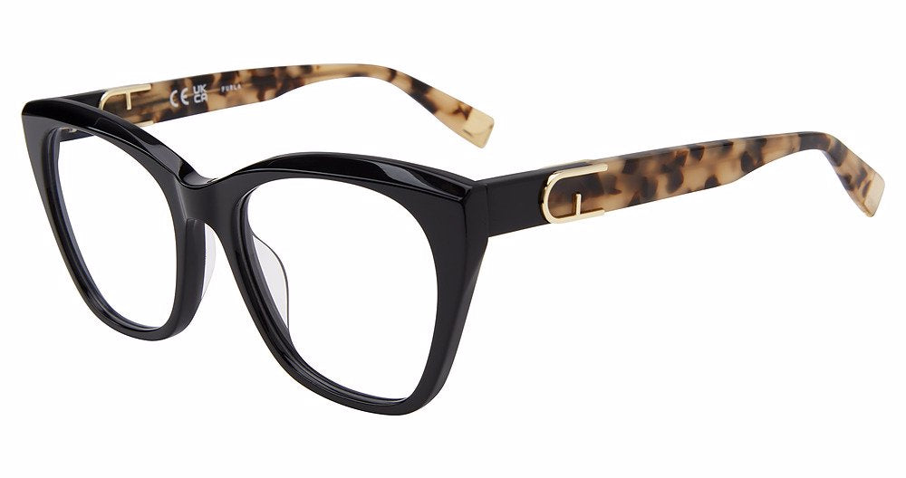 Shiny Black:
Furla VFU825V Cat Eye Eyeglasses in Shiny Black — women's full plastic frame, no hinges, prescription-ready
