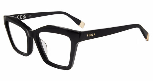 Shiny Black:
Furla VFU767 Geometric Eyeglasses in Shiny Black — women's full plastic frame, no hinges, prescription-ready
