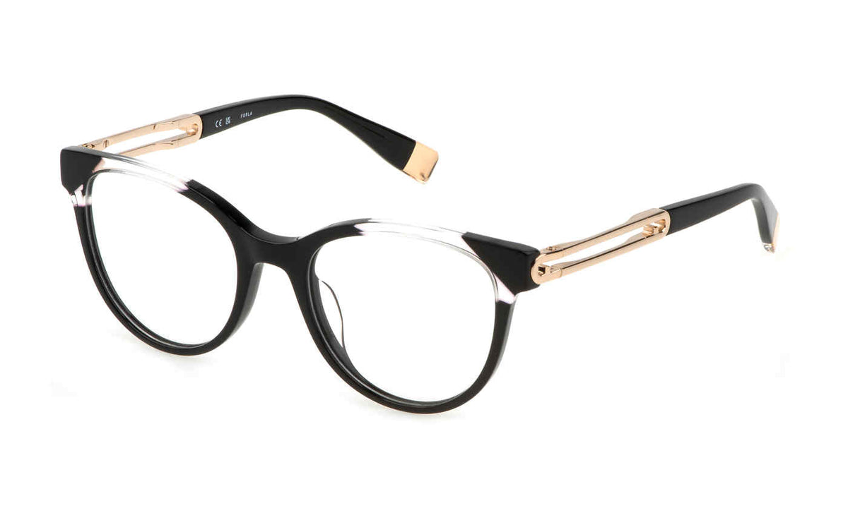 Shiny Black:
Furla VFU672 Pantos Eyeglasses in Shiny Black — women's full plastic frame, no hinges, prescription-ready

