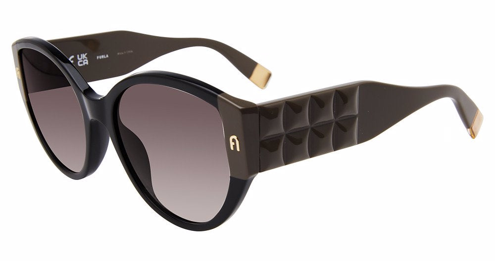 Shiny Black:
Furla SFU784 Butterfly Sunglasses in Shiny Black — women's full plastic frame, hingeless, prescription-ready
