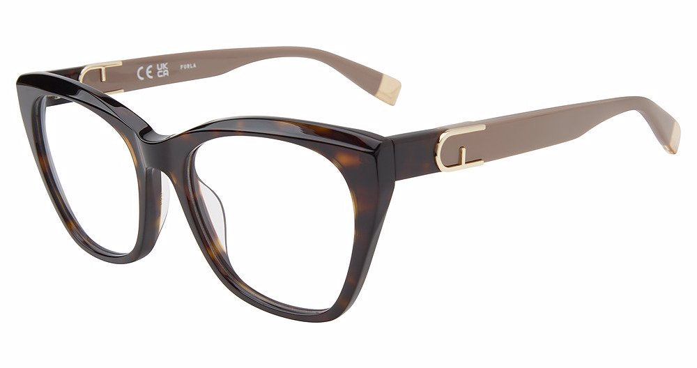 Shiny Dark Havana:
Furla VFU825V Cat Eye Eyeglasses in Shiny Dark Havana — women's full plastic frame, no hinges, prescription-ready
