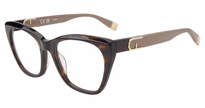 Shiny Dark Havana:
Furla VFU825V Cat Eye Eyeglasses in Shiny Dark Havana — women's full plastic frame, no hinges, prescription-ready
