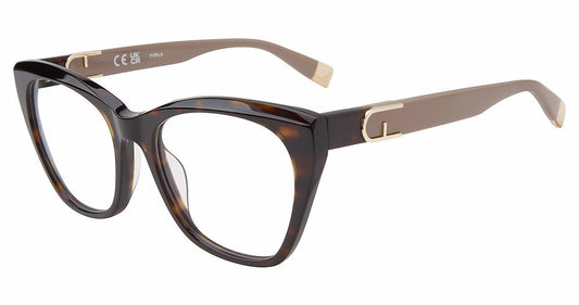 Shiny Dark Havana:
Furla VFU825V Cat Eye Eyeglasses in Shiny Dark Havana — women's full plastic frame, no hinges, prescription-ready

