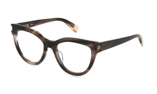 Striped Grey:
Furla VFU679V Butterfly Eyeglasses in Striped Grey — women's full plastic frame, no hinges, prescription-ready

