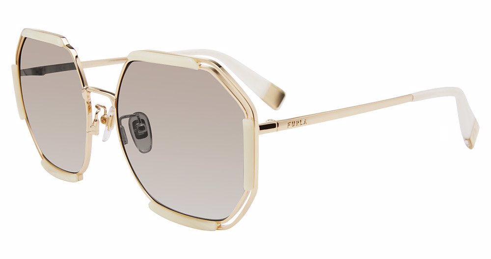 Shiny Rose Gold:
Furla SFU785 Geometric Sunglasses in Shiny Rose Gold — women's full plastic frame, hingeless, prescription-ready
